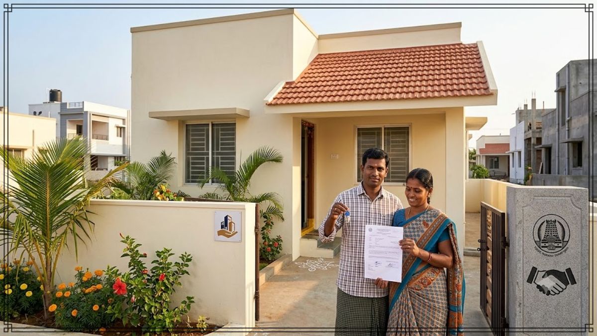A premium financial news graphics layout capturing professional high-quality visual concepts of banking loan approval files overlapping with miniature architectural residential home models.