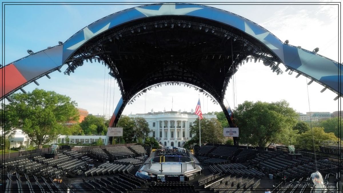 A high-quality creative editorial design featuring a structural blueprint overlay of a modern temporary sports arena layout situated on a premium symbolic historic executive mansion property background.