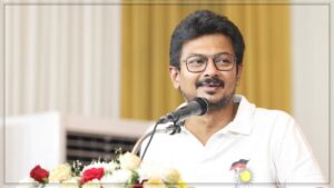 DMK youth leader and key representative criticizing state leadership performance metrics during a press briefing.