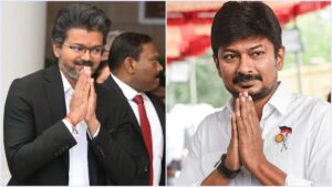 DMK Vs TVK Politcs: "அது எப்படி உங்க சாதனையாகும் சிஎம் சார்..." நிதி ஆயோக் கூட்டத்தில் விஜய் வாசித்த பட்டியலை ஓப்பனாக கிழித்த உதயநிதி... மேகதாது விவகாரத்தில் சைலன்ட் ஆனது ஏன் என விளாசல்! A high-contrast premium editorial layout splitting photos of Opposition Leader Udhayanidhi Stalin addressing a press conference and Chief Minister Vijay speaking at a federal council desk.
