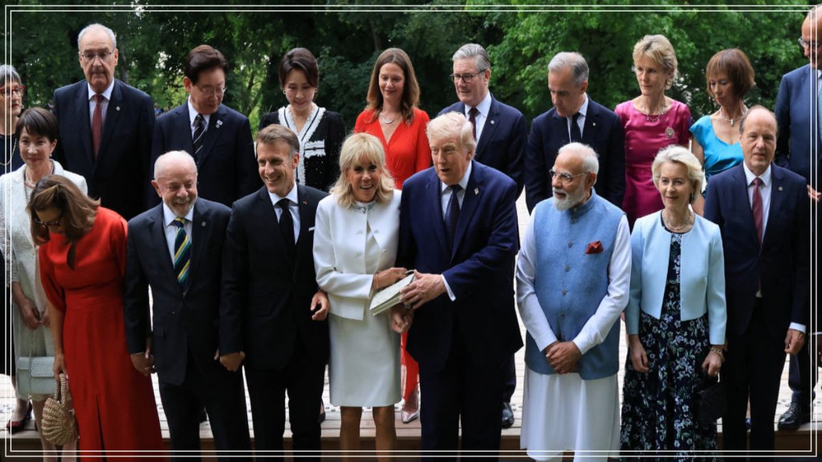 President Donald Trump addressing world leaders at a G7 summit working session regarding the United States and Iran diplomatic peace framework setup.