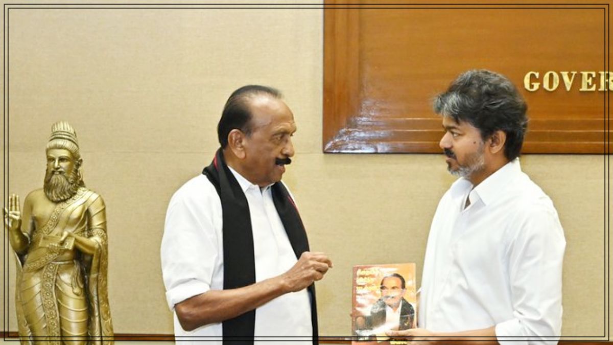 MDMK General Secretary Vaiko presenting a comprehensive bilingual memorandum to Tamil Nadu Chief Minister Joseph Vijay regarding the permanent ban on Sterlite Copper plant models at the Secretariat.