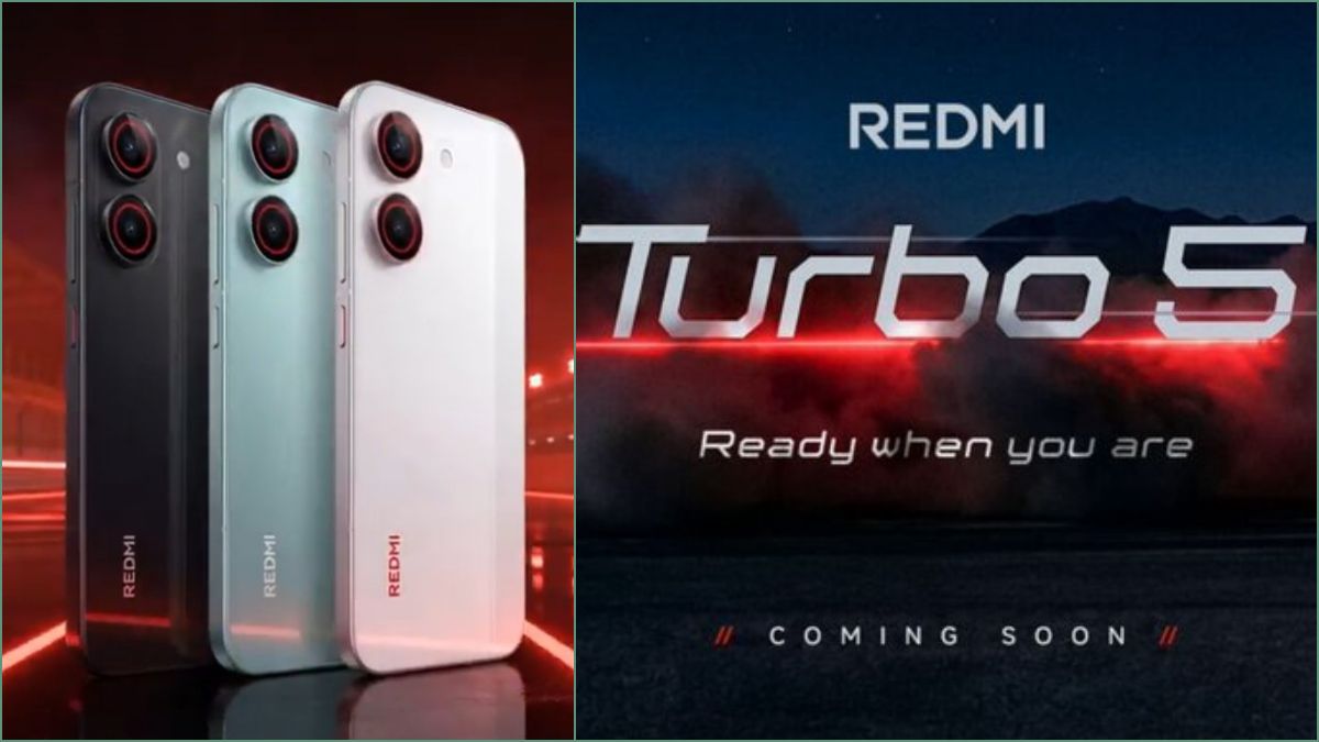 An official marketing poster of the Redmi Turbo 5 highlighting its premium glass back design and high-performance cooling architecture icons.