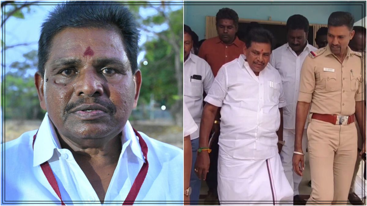 Former Minister Anita R. Radhakrishnan being taken into police custody after his bail plea was dismissed.