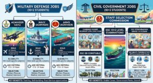 A professional educational infographic highlighting defense and central government career paths for higher secondary graduates.