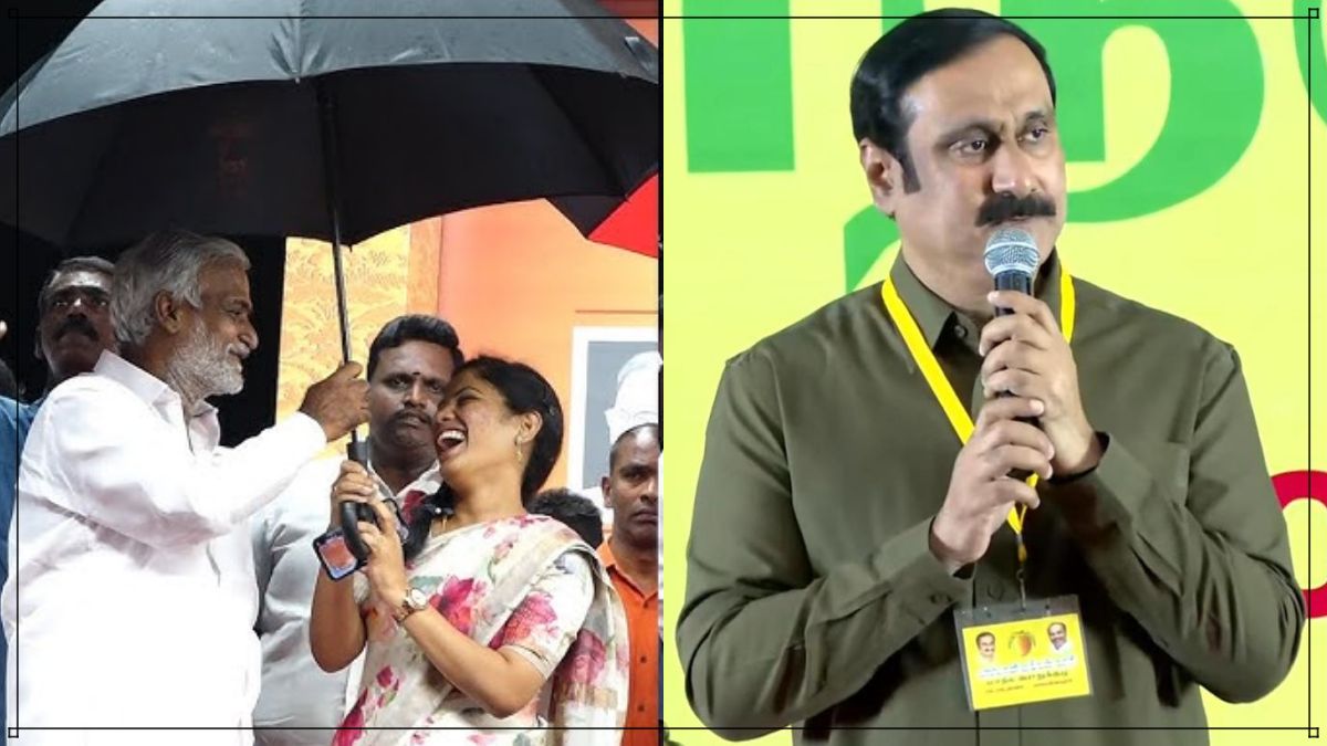 A conceptual image featuring a political leader speaking at a podium with microphones in front of a green flag backdrop, representing PMK's political rally.