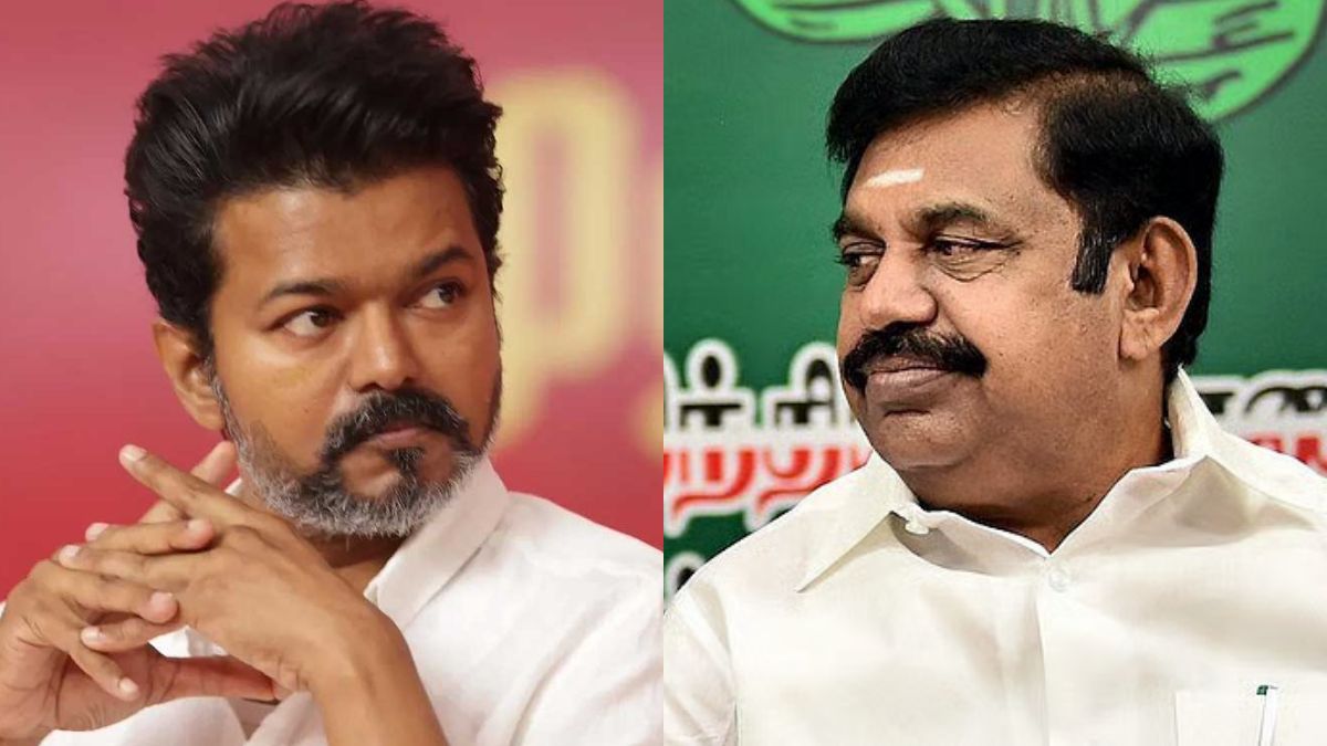 முதலமைச்சர் விஜய் மற்றும் எதிர்க்கட்சித் தலைவர் எடப்பாடி பழனிசாமி ஆகியோரின் அரசியல் மோதலைக் குறிக்கும் அடையாளச் சித்திரம்.