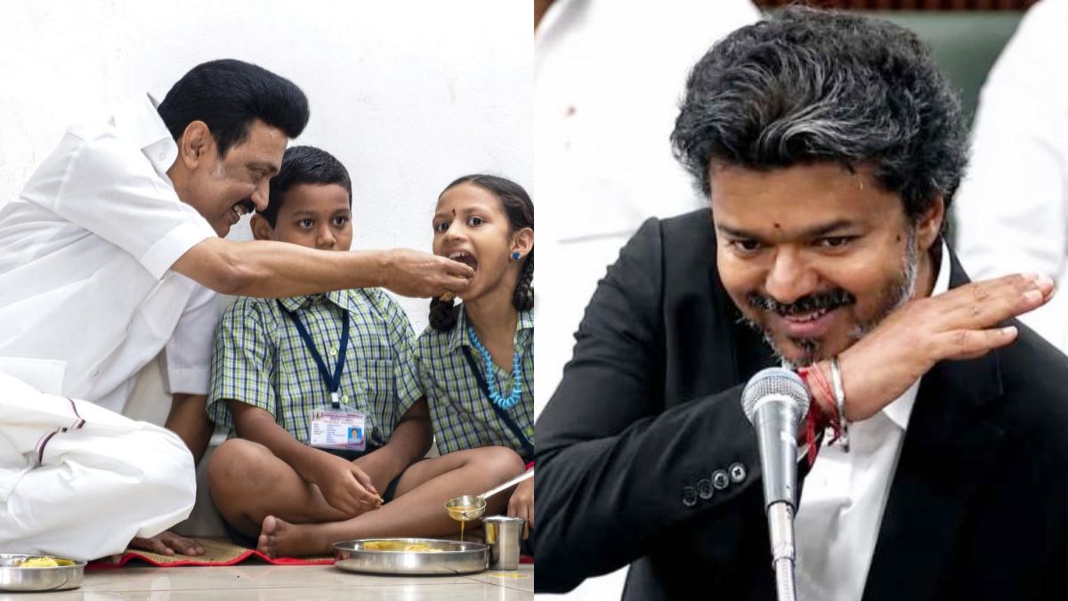 முதலமைச்சரின் காலை உணவுத் திட்டத்தின் பெயரை பெருந்தலைவர் காமராஜர் பெயர் என மாற்றிய முதல்வர் விஜய் பற்றிய அரசியல் செய்தி படம்.