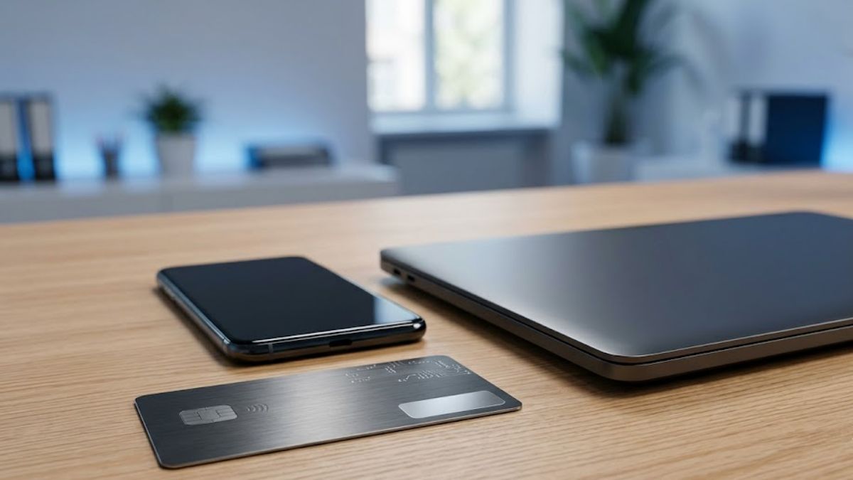 A professional setup of multiple credit cards next to a laptop representing electronic transaction safety.
