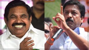 அதிமுகவில் கூண்டோடு விலகல்! 6 பேருந்துகளில் சென்னை படையெடுக்கும் சி.வி.சண்முகம் ஆதரவாளர்கள்! A news display graphic featuring C.V. Shanmugam's supporters traveling to Chennai in buses with AIADMK flags.