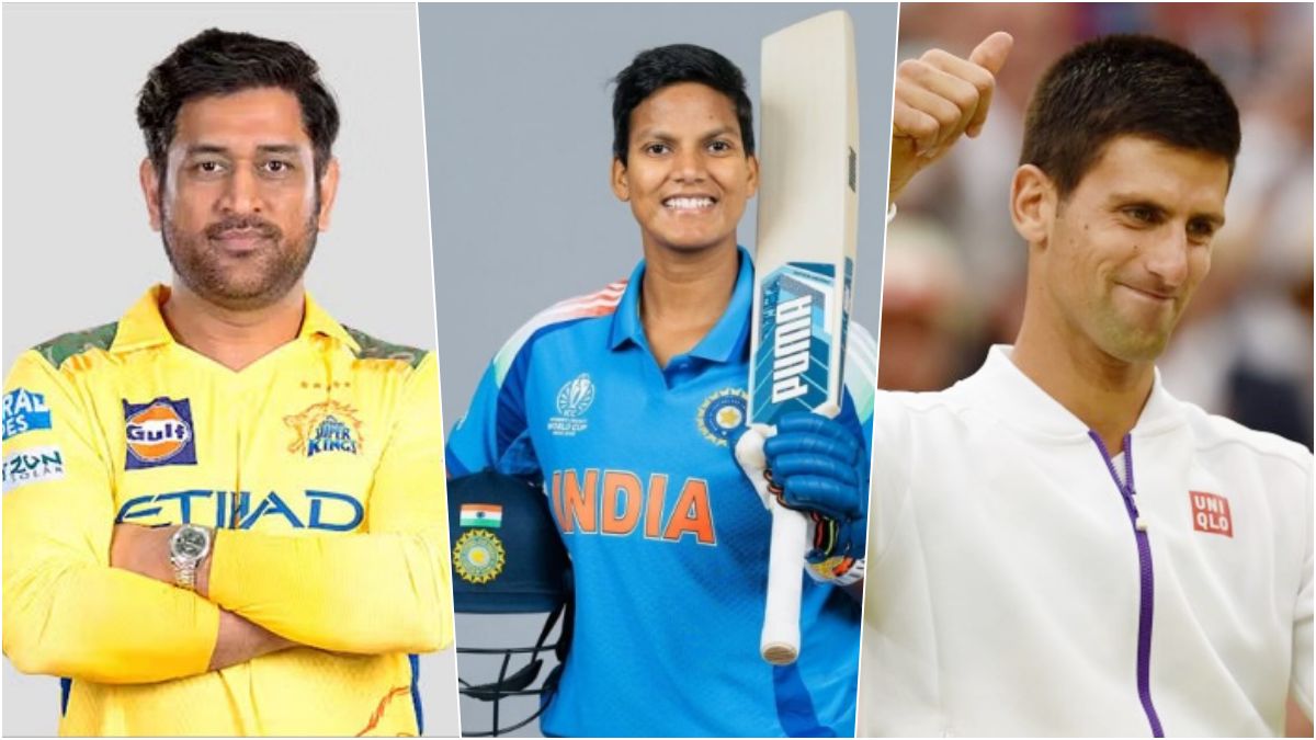 A creative split-screen graphic showcasing MS Dhoni in his iconic yellow Chennai Super Kings jersey alongside Novak Djokovic celebrating a passionate match point at Wimbledon.