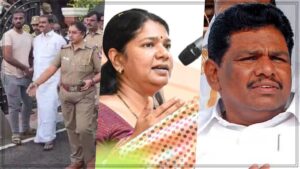 A political news display graphic showing DMK MLA Markandeyan and police escort vehicle during the arrest.