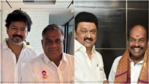 திமுகவிற்கு விழுந்த பலத்த அடி! எம்பி ஜெகத்ரட்சகன் மகன் சந்தீப் அதிரடியாக தவெகவில் ஐக்கியம்! A prominent news visual highlighting corporate and political joining ceremonies with regional flags.