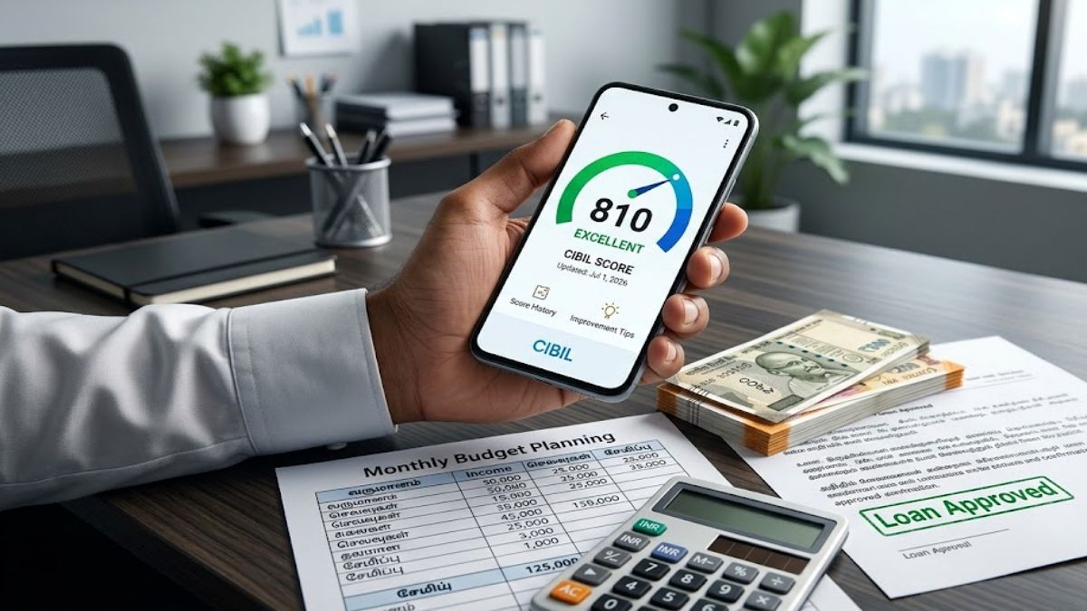 A middle-aged Indian man checking his credit score chart on a smartphone alongside home loan approval documents and a calculator.