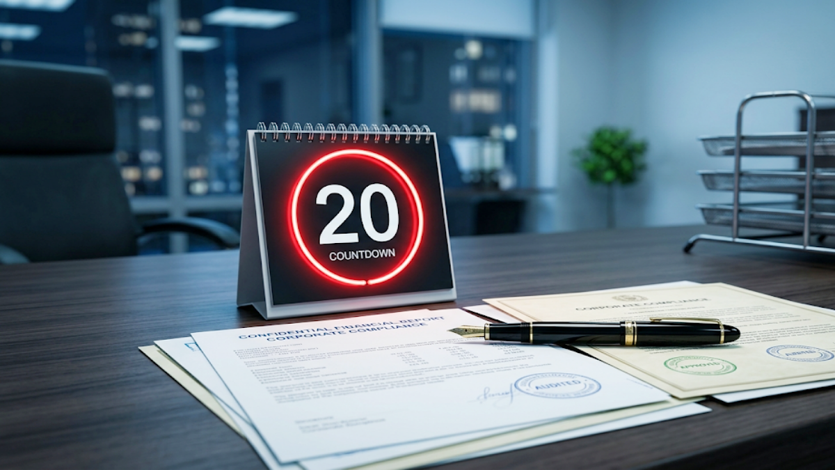 A professional desktop setup showing a digital financial dashboard with a calendar highlighting a 20-day deadline.