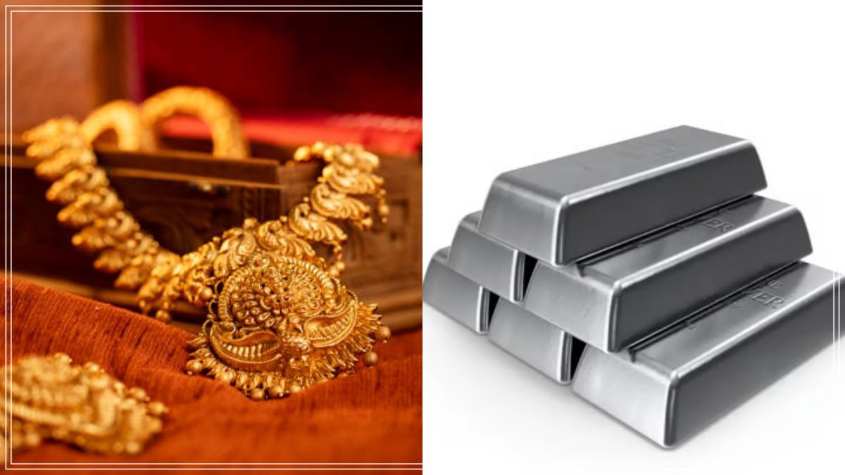 A financial graphic showing gold bars and silver blocks alongside a downward-trending arrow, representing the price drop on July 17.
