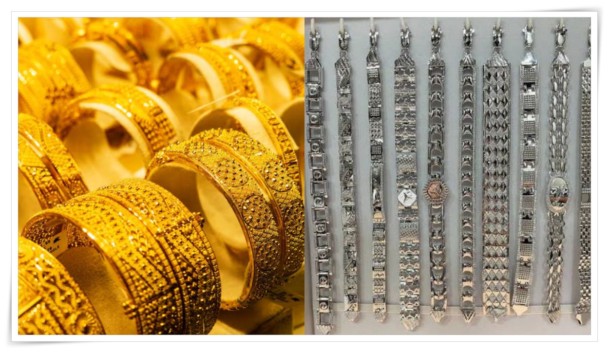 A close-up view of gold coins and silver bars placed on a scale.