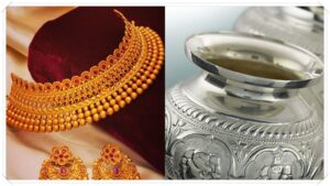 A financial news visual representing the sudden drop in 22k gold and silver market rates in Chennai.