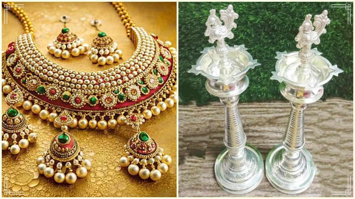 Display of gold and silver coins and traditional jewellery.