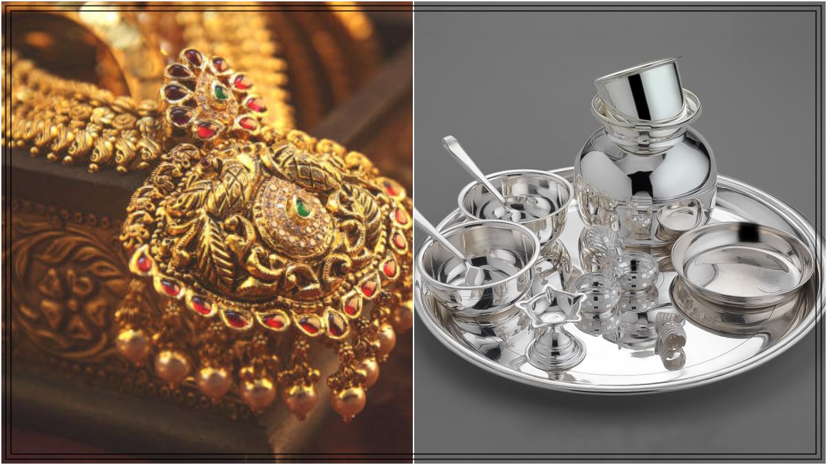 A cinematic high-contrast close-up shot of multi-layered gold jewelry chains and modern wedding bands resting over dark stone tiles.