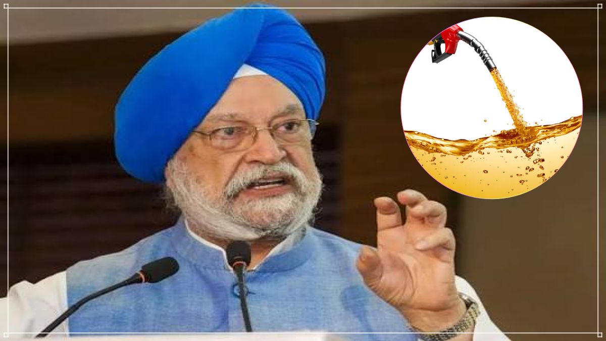 A professional media briefing setup featuring Union Minister Hardeep Singh Puri discussing oil economics.