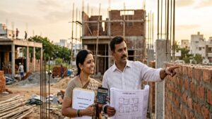 சொந்த காலி இடத்தில் புதிய வீடு கட்டுவதற்கு ஹோம் லோன் தகுதி மற்றும் ஆவணங்களைச் சரிபார்க்கும் தம்பதி.