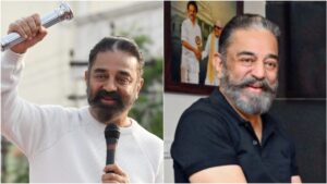கல்லூரி மேடையில் மைக் பிடித்து மாணவர்களிடையே அரசியல் கடமைகள் குறித்து உணர்ச்சிப் பெருக்குடன் பேசும் கமல்ஹாசன்.