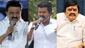 Former AIADMK Minister K.T. Rajendra Balaji speaking aggressively during a political press conference.