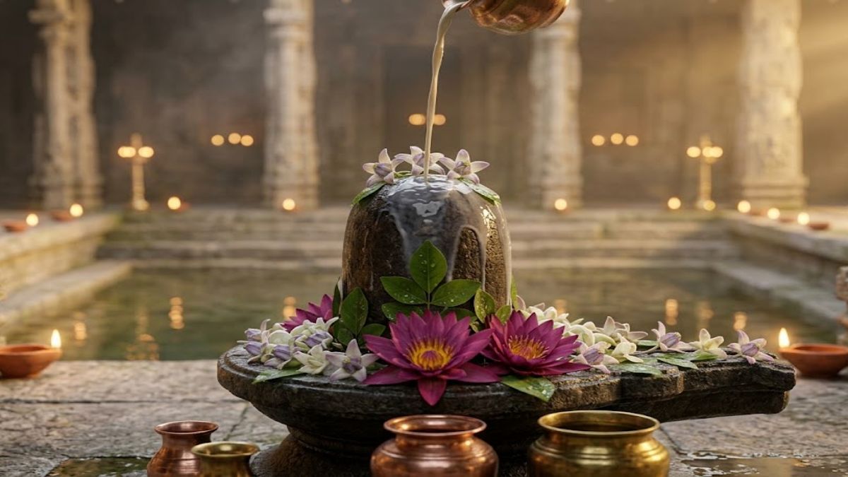 சிவலிங்கத்தின் மீது வில்வ இலைகள் மற்றும் எருக்கம்பூக்களைக் கொண்டு பக்தி சிரத்தையுடன் அர்ச்சனை செய்யும் தெய்வீகக் காட்சி.