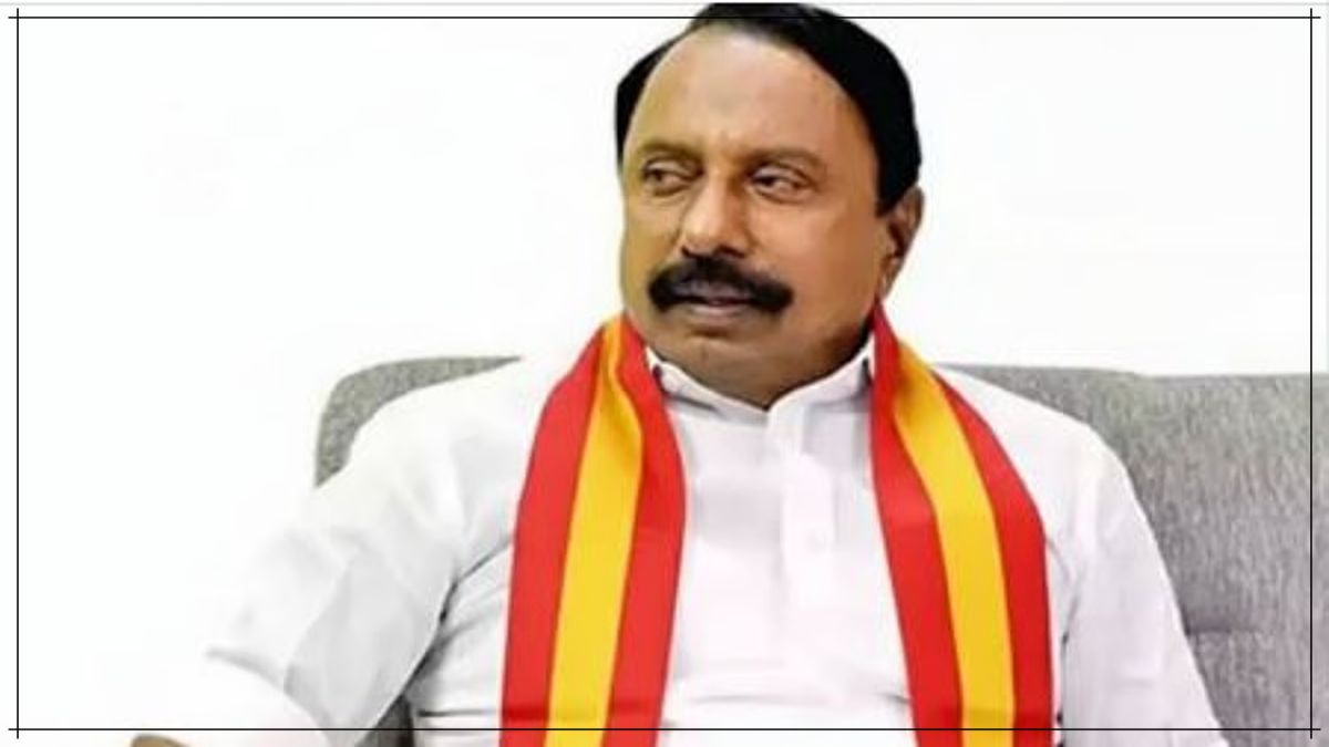 A close-up shot of Minister KA Sengottaiyan speaking during an official government press conference explaining revenue department updates.