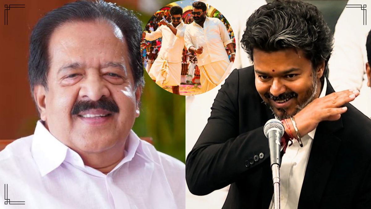 A conceptual illustration representing the meeting between Tamil Nadu CM Vijay and Kerala Minister for a joint anti-drug campaign.