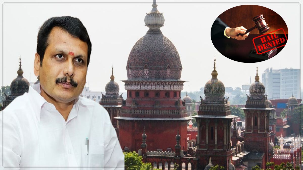 News graphic of Chennai High Court and former Minister Senthil Balaji.