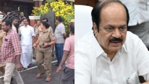 News graphic display of Speaker J.C.D. Prabhakar addressing the arrest of DMK MLA Markandeyan.