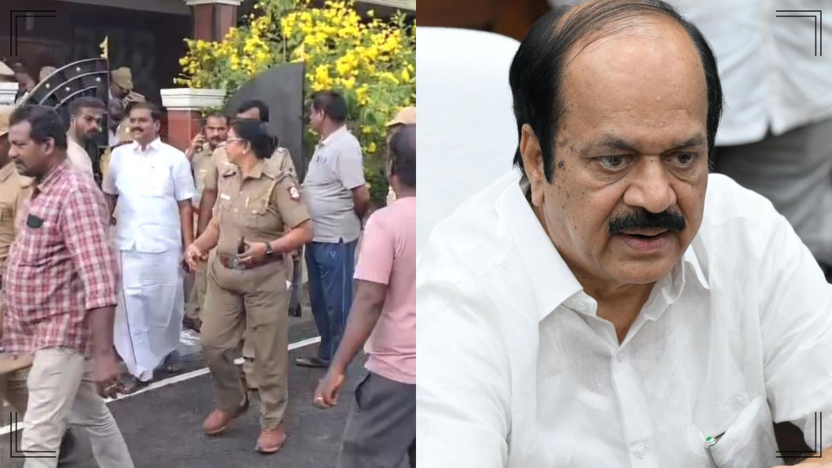 News graphic display of Speaker J.C.D. Prabhakar addressing the arrest of DMK MLA Markandeyan.