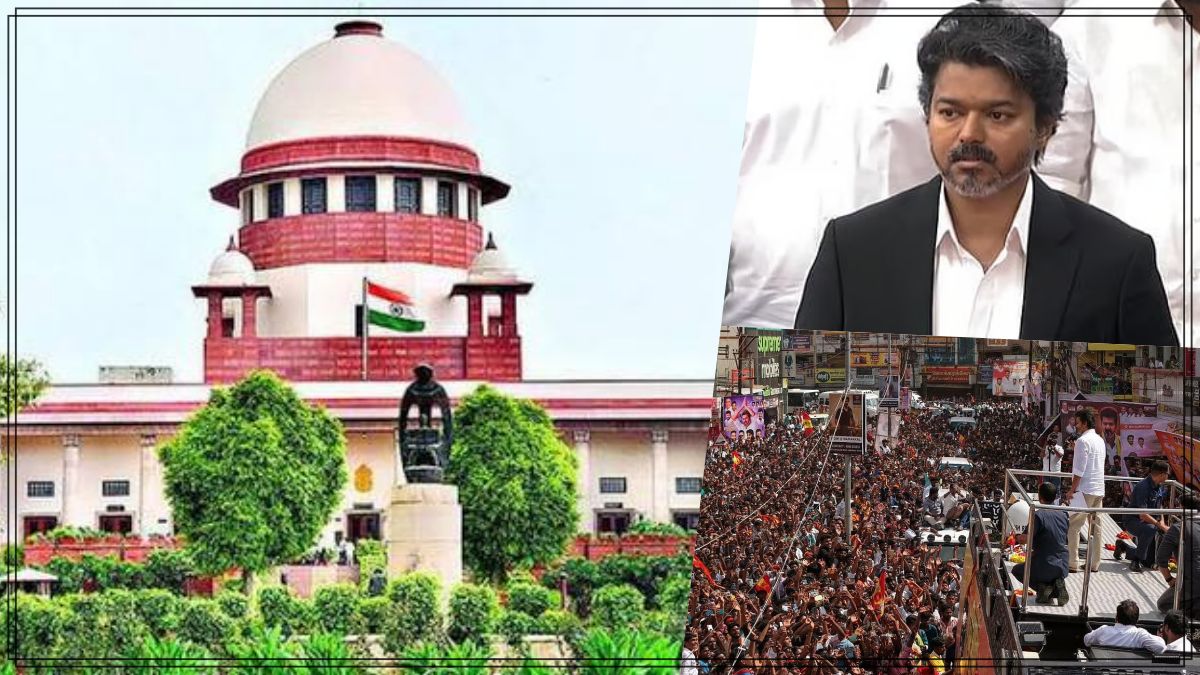 An editorial illustration featuring the exterior of the Supreme Court of India under a clear sky, with a subtle portrait overlay of a politician on the left and a judge's gavel on the right.