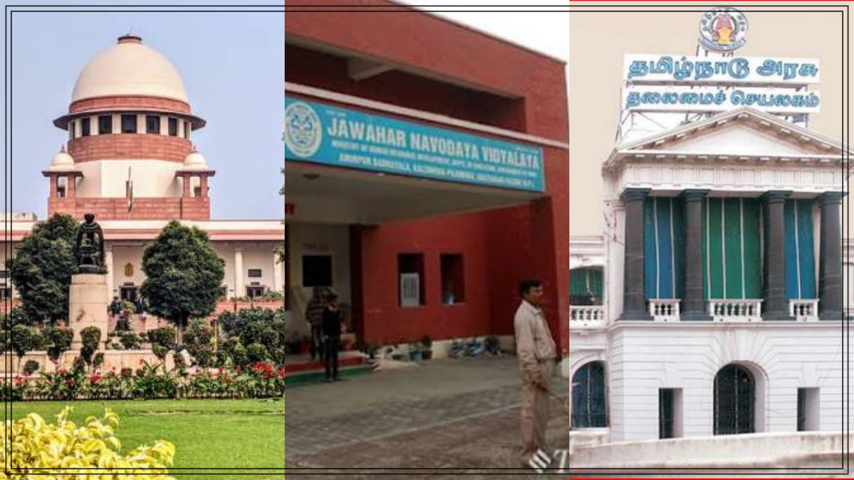 The official emblem of the Supreme Court of India representing the legal battle over educational and language policy implementations.