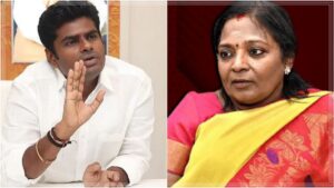 Senior BJP leader Dr. Tamilisai Soundararajan speaking dynamically at a press conference addressing political allegations.
