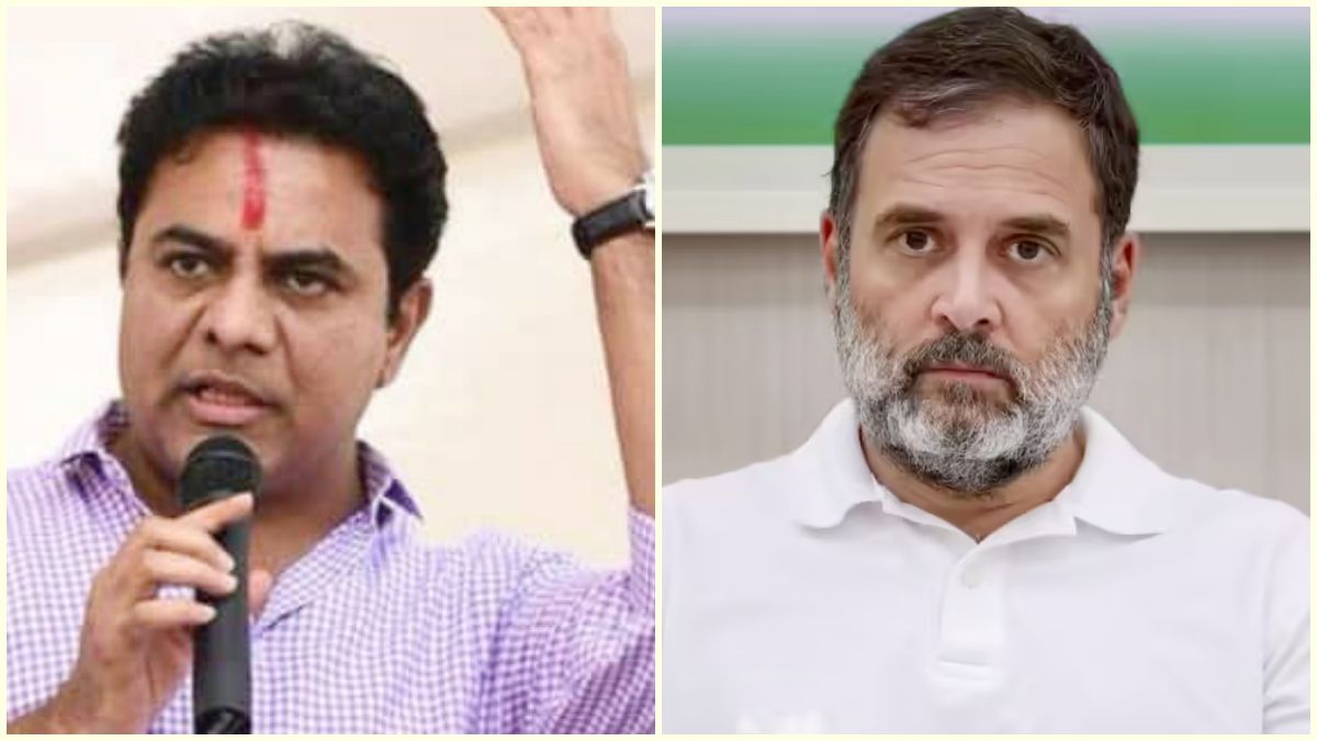 தெலங்கானா எம்.எல்.ஏ-க்கள் கட்சி தாவல் விவகாரம் குறித்து கே.டி.ஆர் மற்றும் ராகுல் காந்தி செய்திப் படம்.