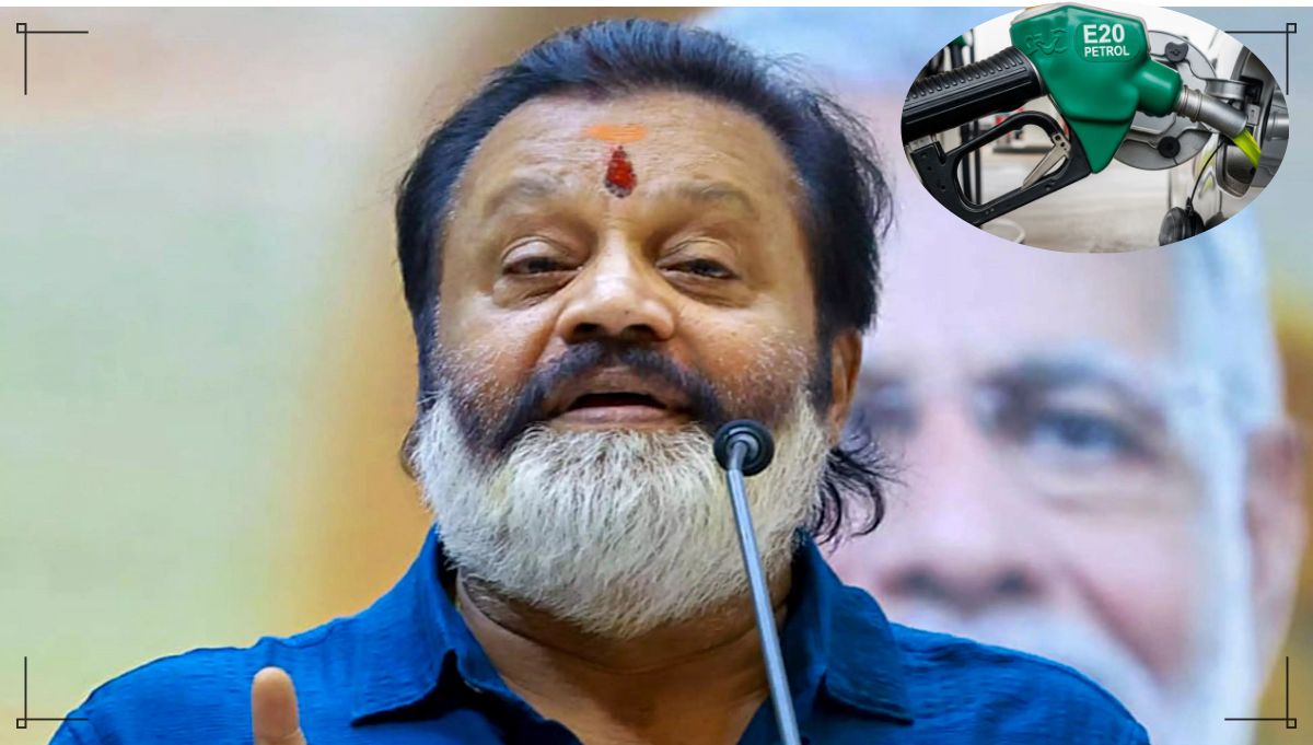 News graphic display depicting Union Minister of State Suresh Gopi addressing ethanol blending in petrol in Rajya Sabha.
