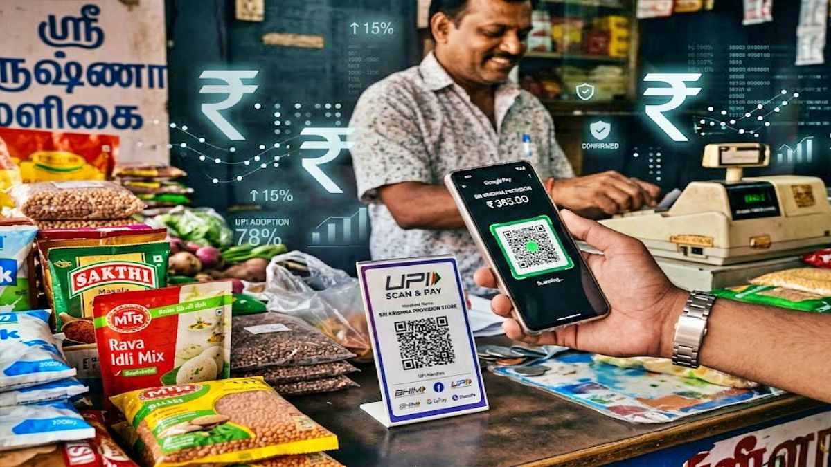 இந்தியாவில் யுபிஐ டிஜிட்டல் பரிவர்த்தனை மற்றும் எம்டிஆர் கட்டண உயர்வைக் குறிக்கும் விளக்கப்படம்.