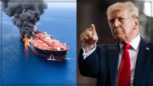 A dramatic visual representation of a naval blockade and military tension in the Strait of Hormuz.