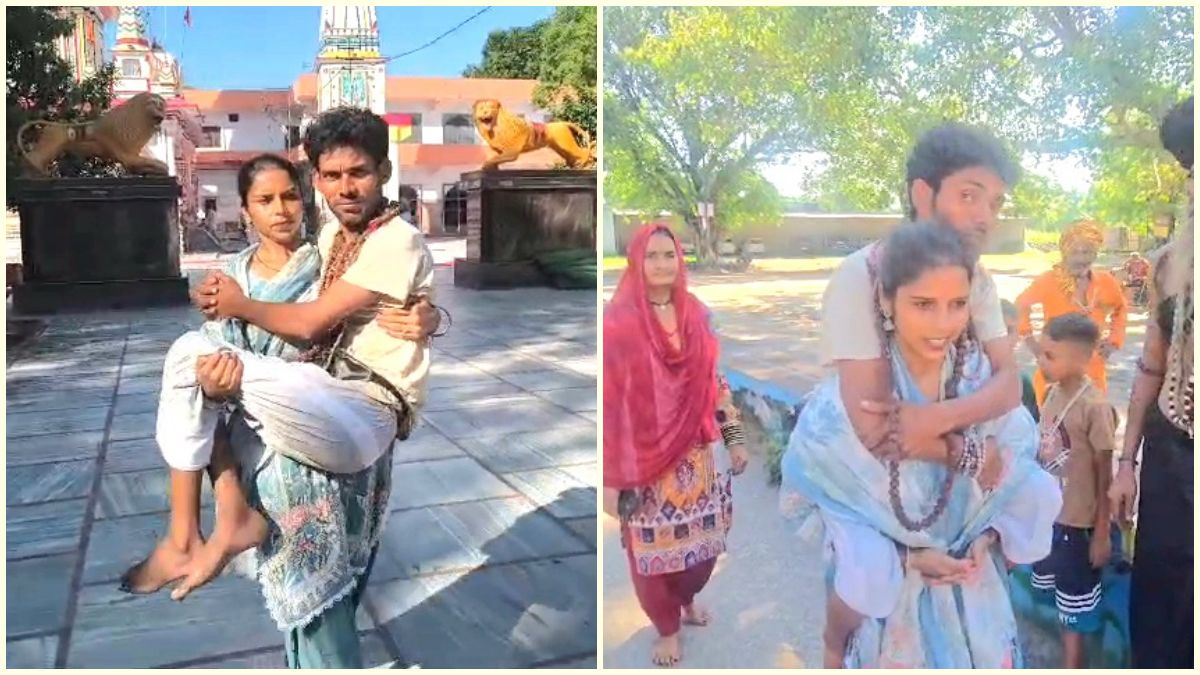 கணவனைத் தோளில் சுமந்து 180 கி.மீ நடைபயணம் மேற்கொண்ட ஆஷா குறித்த செய்திப் படம்.