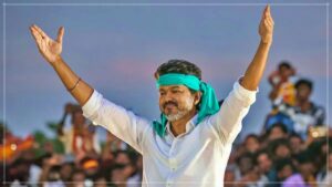 தவெக தலைவர் விஜய் பொதுக்கூட்டத்தில் ஆவேசமாகப் பேசும் தோற்றம் மற்றும் நாகர்கோவில் விவகார அரசியல் சர்ச்சையின் சித்தரிப்பு.