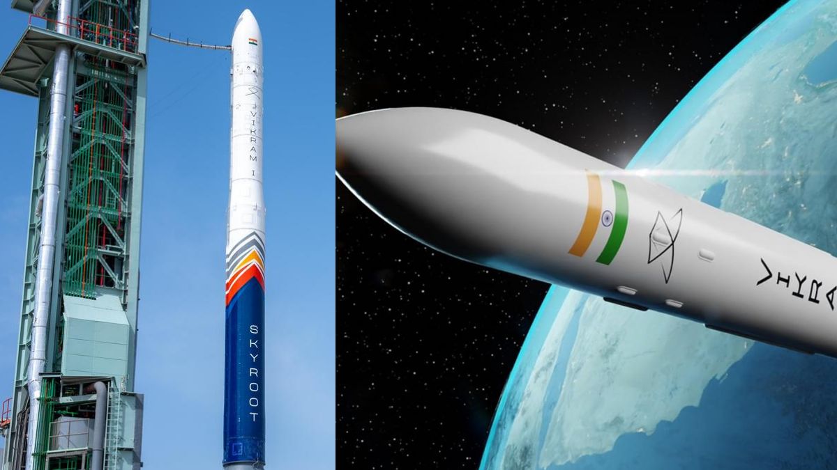 ஸ்ரீஹரிகோட்டாவில் இருந்து நெருப்பைக் கக்கியபடி விண்ணில் சீறிப்பாயும் விக்ரம்-1 ராக்கெட்.