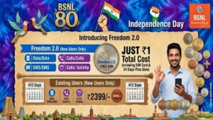 பிஎஸ்என்எல் ரூ.1 பிளான் ரீ-என்ட்ரி: இலவச சிம் கார்டு, அன்லிமிடெட் ரீசார்ஜ் சலுகை அறிவிப்பு! பிஎஸ்என்எல் சுதந்திர தின சலுகை - ரூ.1 ஃப்ரீடம் 2.0 திட்டம் மற்றும் ரூ.2399 ரீசார்ஜ் ஆபர்போஸ்டர்