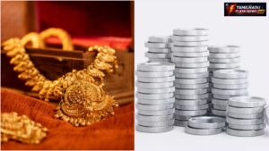 Today GoldRate: சவரனுக்கு ₹1,080 குறைந்த தங்கம் விலை! வெள்ளியின் நிலை என்ன? இன்றைய லேட்டஸ்ட் ரேட்! Gold jewellery and silver coins on display showing current commodity rates.