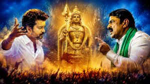 தமிழ்க் கடவுள் முருகன் சிலை, முதல்வர் விஜய் மற்றும் நாம் தமிழர் கட்சித் ஒருங்கிணைப்பாளர் சீமான் ஆகியோர் அடங்கிய அரசியல் செய்தி வரைபடம்.