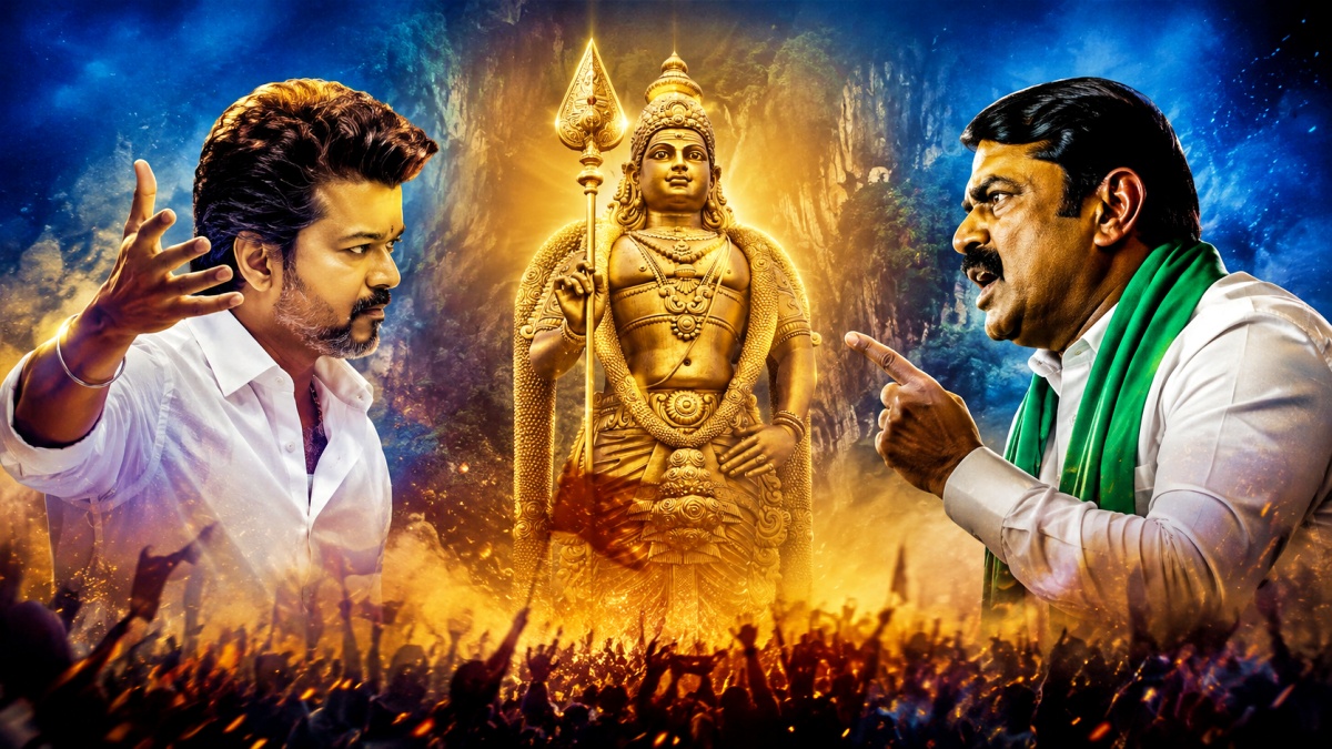 தமிழ்க் கடவுள் முருகன் சிலை, முதல்வர் விஜய் மற்றும் நாம் தமிழர் கட்சித் ஒருங்கிணைப்பாளர் சீமான் ஆகியோர் அடங்கிய அரசியல் செய்தி வரைபடம்.