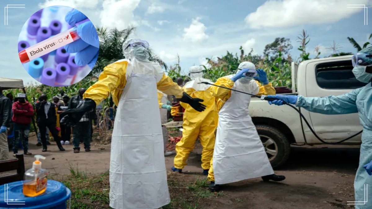 Healthcare workers in protective gear responding to the Ebola virus health emergency in Congo.