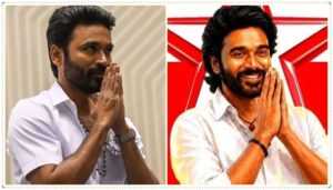 Actor Dhanush along with political press conference setup and fan association backdrop.